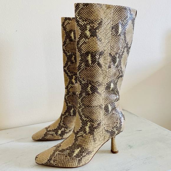 Sam Edelman Shoes | New Sam Edelman Samira Snakeskin Print Flared Heel Knee High Leather Boots | Color: Cream/Tan | Size: 7.5 | Snkrgrls's Closet